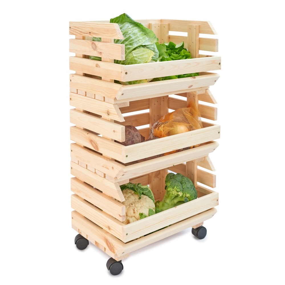 Cutie din lemn trio pentru legume si fructe, 39x30x75 cm, natur