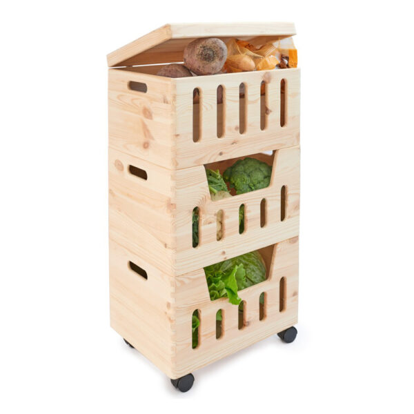 Cutia de legume din lemn trio cu roti, 39x30x74 cm, natur