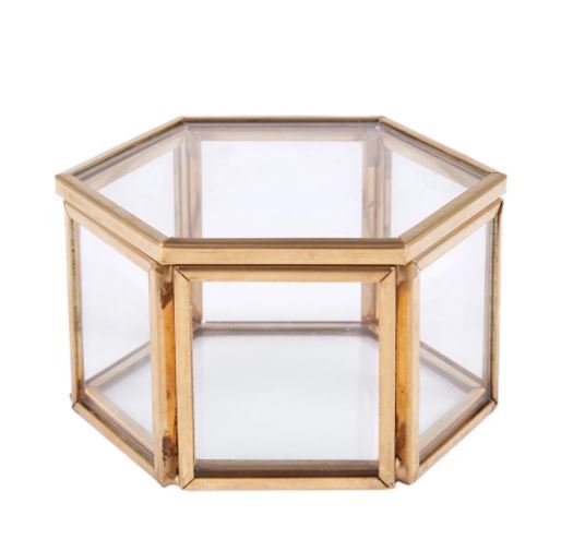 Cutie din sticla si chenar metalic pentru bijuterii, hexagonal plat, 10x10x6 cm